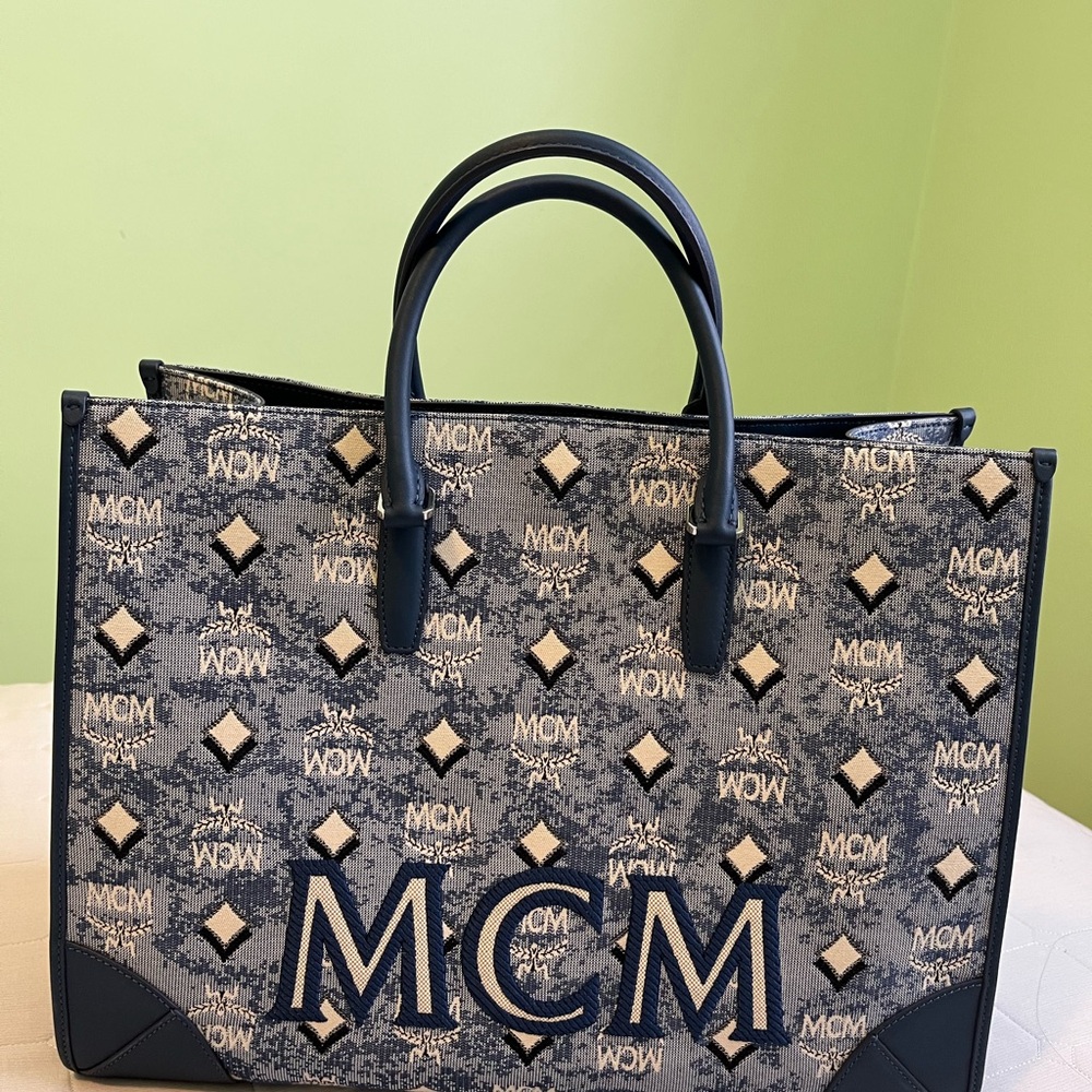 MCM Monogrammed Blue and Tan Handbag